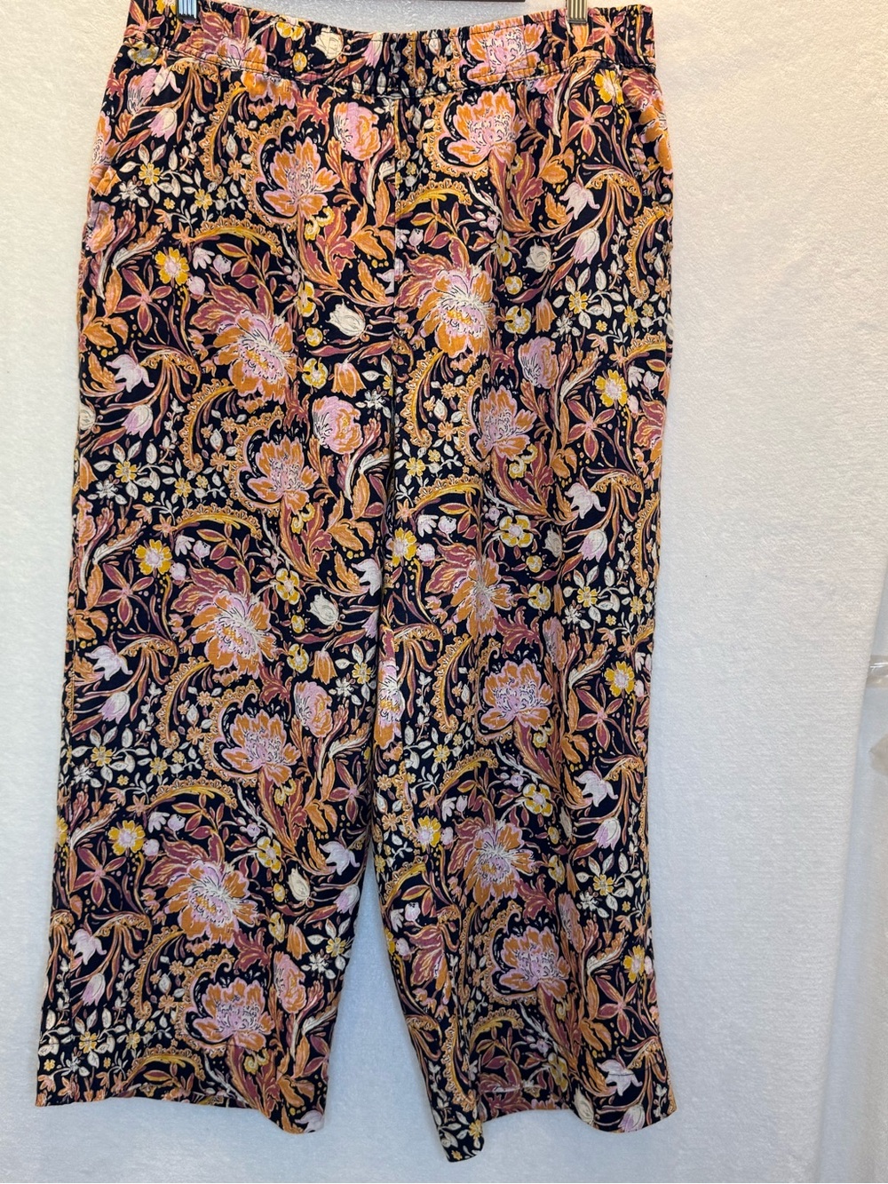 Navy Floral 100% Linen Wide Leg Pants Bohemian Resort Vacay Casual Work Sz XL